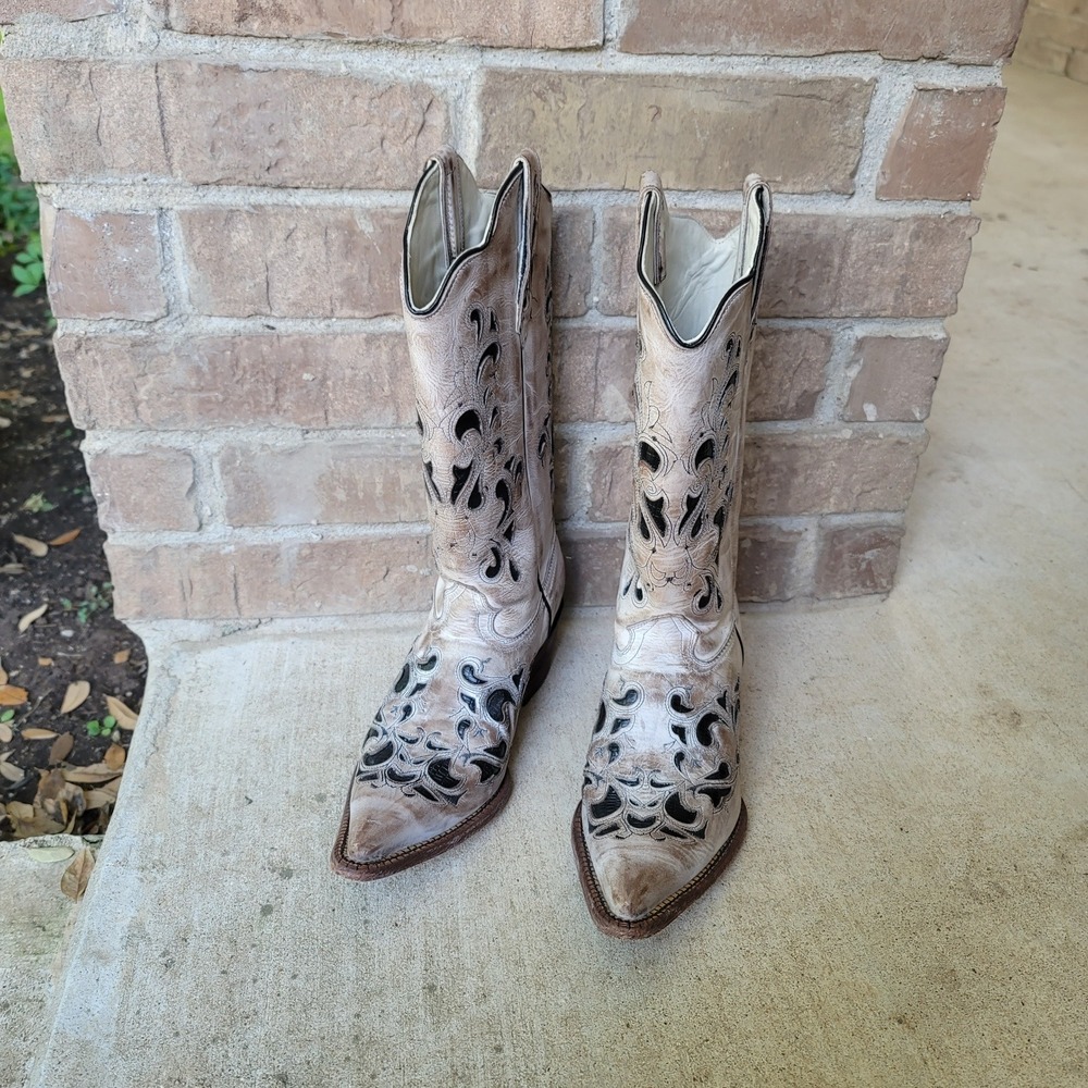 J.B. Dillon Western Boots Women's Floral Overlay Distressed Leather 8.5 B